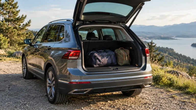 Le coffre ouvert d’un SUV avec deux bagages