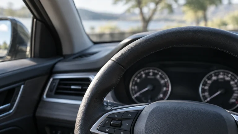 Volant et tableau de bord d’une voiture, avec les compteurs en arrière-plan