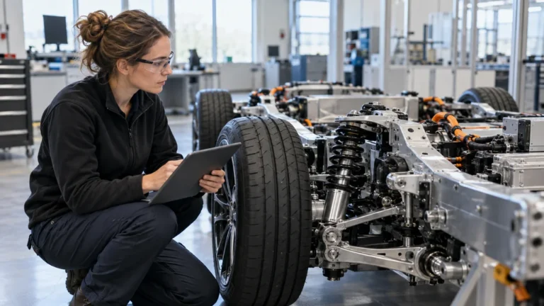 Une ingénieure automobile examinant un prototype en atelier