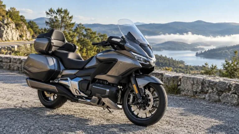 Une moto de route moderne garée sur une route calme