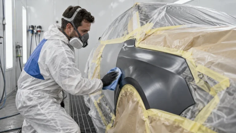 Un carrossier préparant une aile de voiture pour la peinture