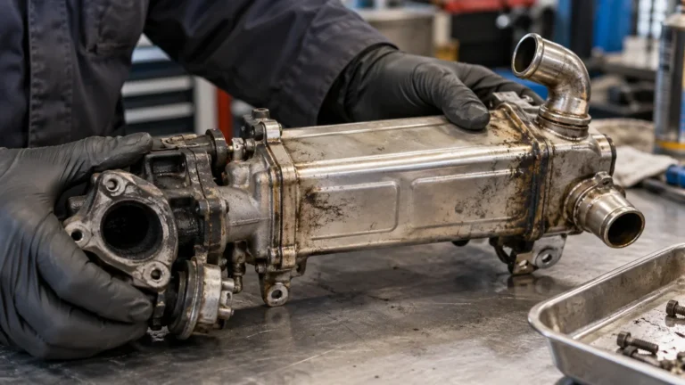 Une pièce métallique de moteur examinée sur un établi