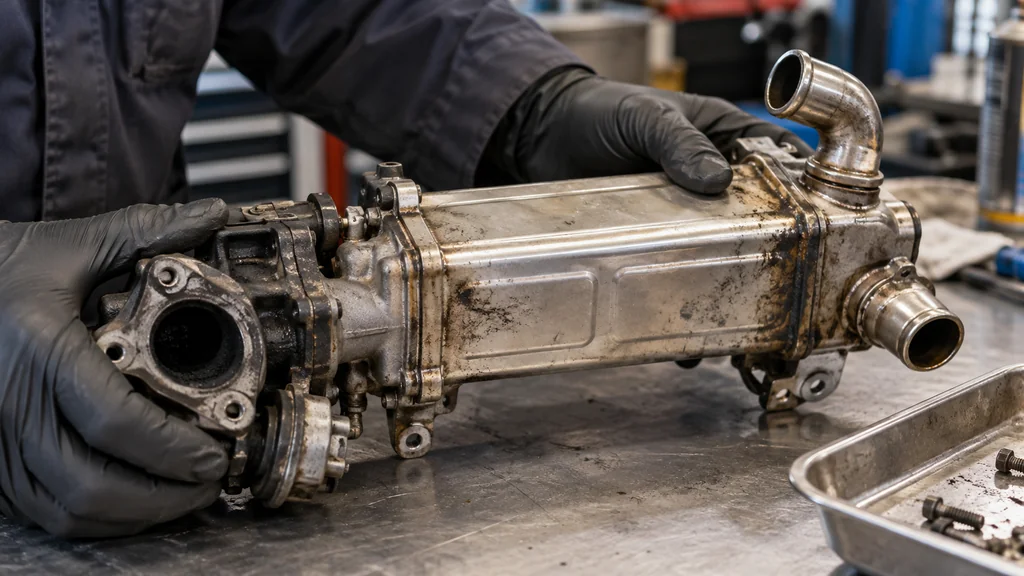 Une pièce métallique de moteur examinée sur un établi