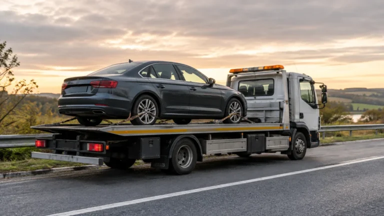 Une voiture chargée sur une dépanneuse à plateau