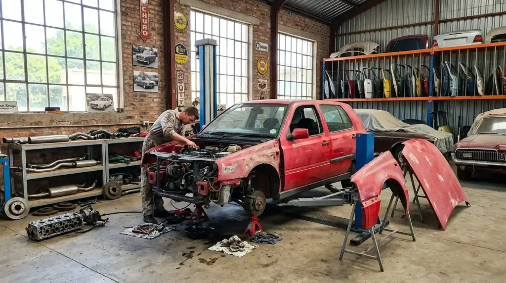 Mécanicien restaurant une voiture rouge démontée dans un atelier automobile.