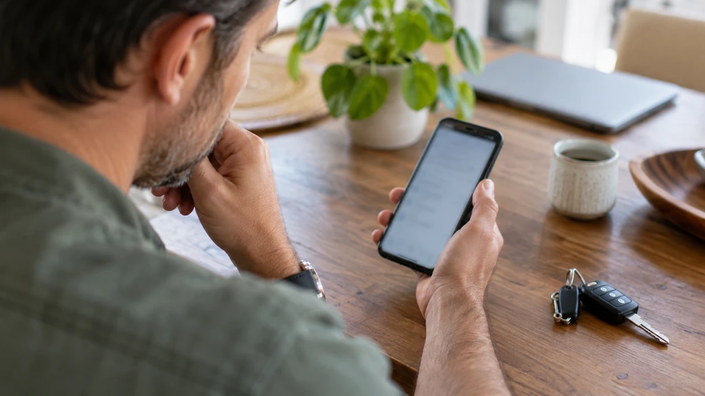 Une personne consultant son téléphone à côté de clés de voiture